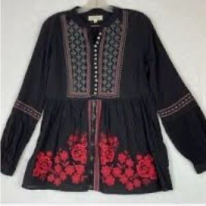 Johnny Was Black Blouse with Red Floral Embroidery